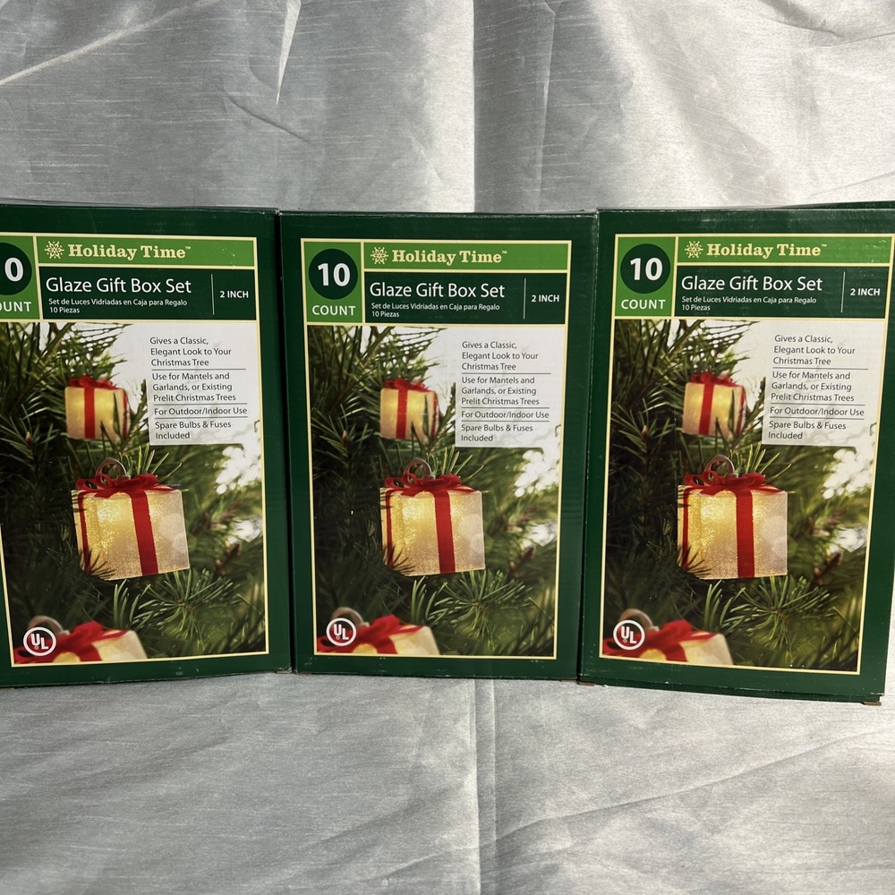 3 New Boxes - 10 Count Holiday‎ Time CHRISTMAS GLAZE 2" GIFT BOX  TREE  LIGHTS